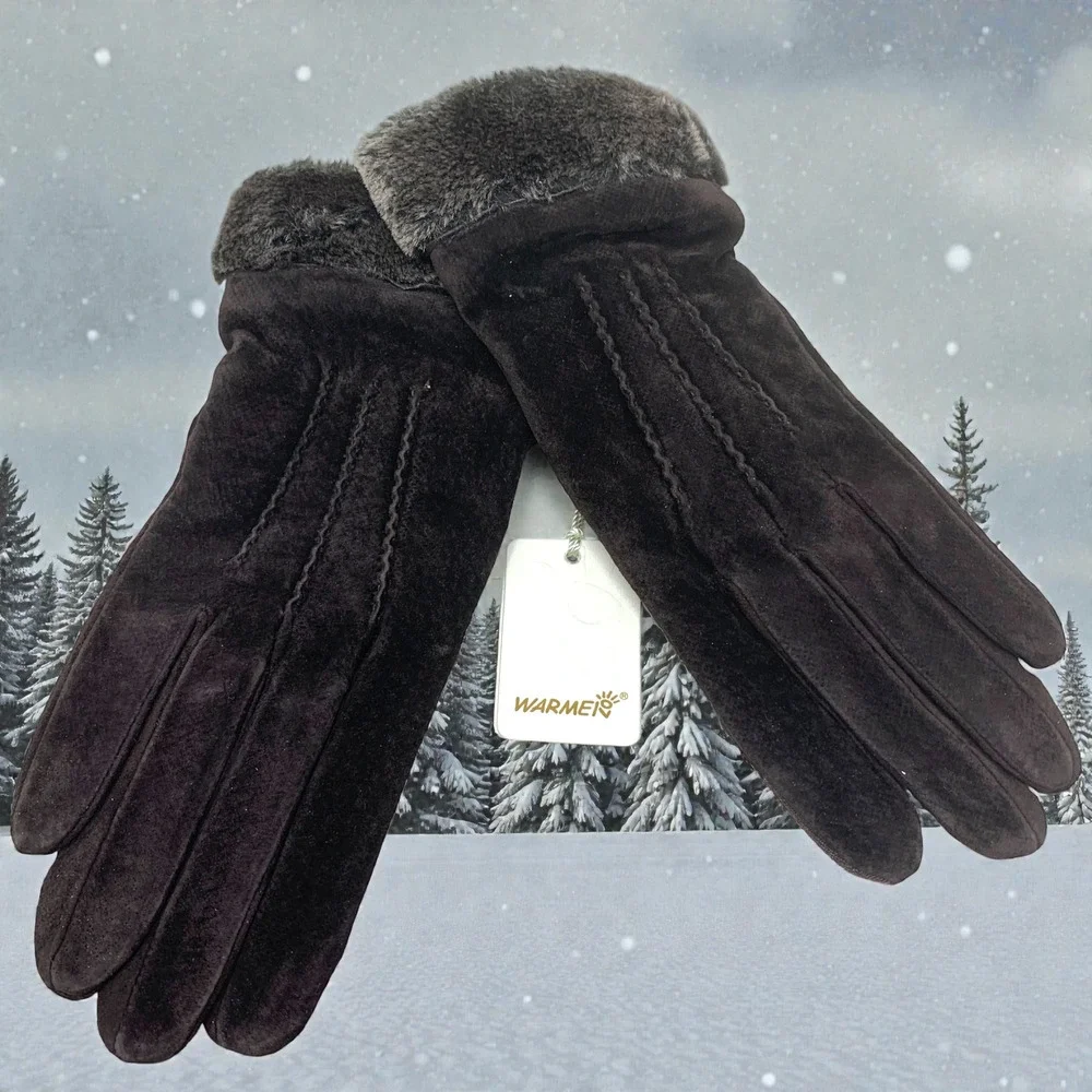 NEW Warmen Women's Brown Suede Fur Trimmed Gloves Sz L Touchscreen Compatible